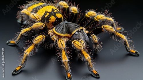 a yellow and black tarantula is sitting on a black surface