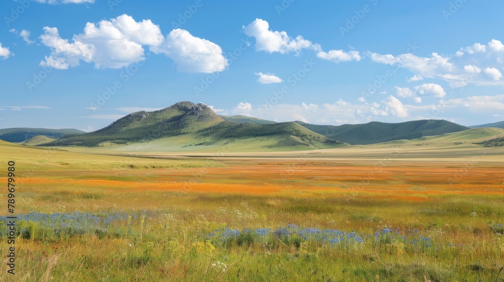 A large open field with mountains in the background, AI