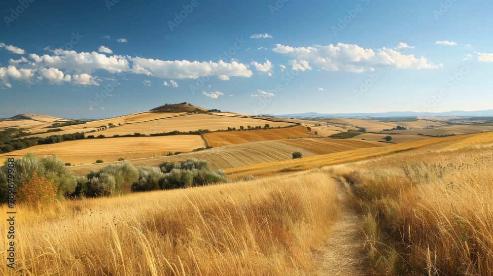 Obraz premium A dirt path through a field of tall grass and trees, AI