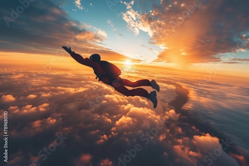 A Breathtaking Snapshot of a Skydiver Soaring Against a Sunset Sky, Embracing the Warm Glow of Dusk