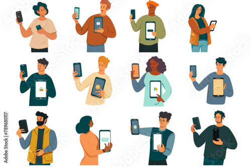 People use mobile phones. Characters are holding smartphones in their hands gesticulating. Men, women look at the phone screen, surf the Internet vector icon, white background, black colour icon