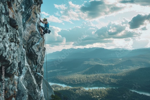 Solitary Climber Tackling Majestic Rocky Cliff Overlooking Serene Valley and River photo