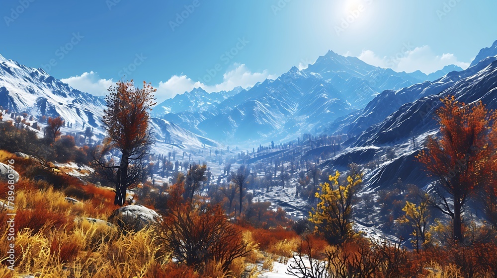A serene mountain pass flanked by steep slopes, where the quiet ...