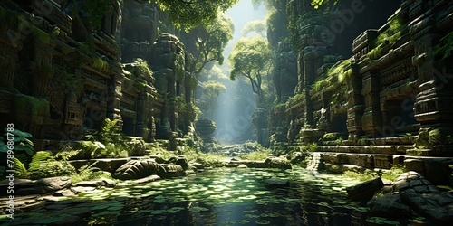 tropical rainforest river landscape  a mysterious temple in the jungle