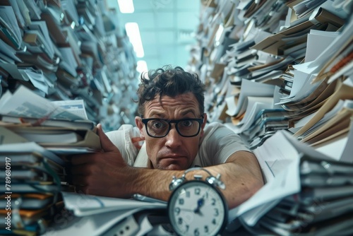 overworked businessman alarm clock on pile of files stress and burnout concept photo
