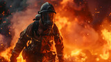 A firefighter in full gear, running towards the scene of an intense fire with flames and smoke filling his surroundings