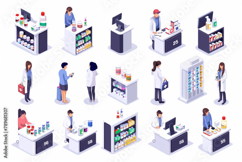 Pharmacist doctor and patient in the drugstore. A client woman buys drugs at a pharmacy 3D avatars set vector icon, white background, black colour icon