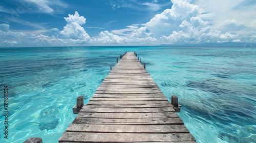 A wooden pier leading into the ocean with clouds in the sky  AI