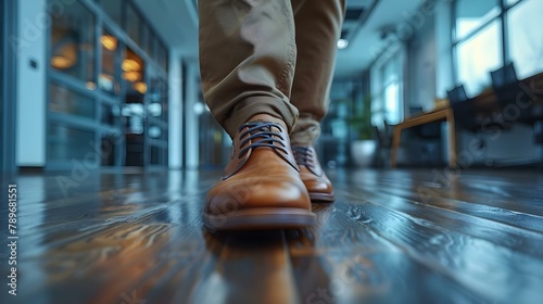 A Businessman's Weary Stride: Office Floor Journey. Concept Office Life, Business Wear, Work Environment, Professional Attire, Corporate Lifestyle