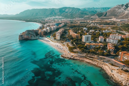 picturesque aerial view of albir town promenade sandy beach and mediterranean sea in spain photo