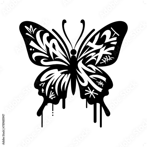 Butterfly silhouette, animal graffiti tag, hip hop, street art typography illustration.
