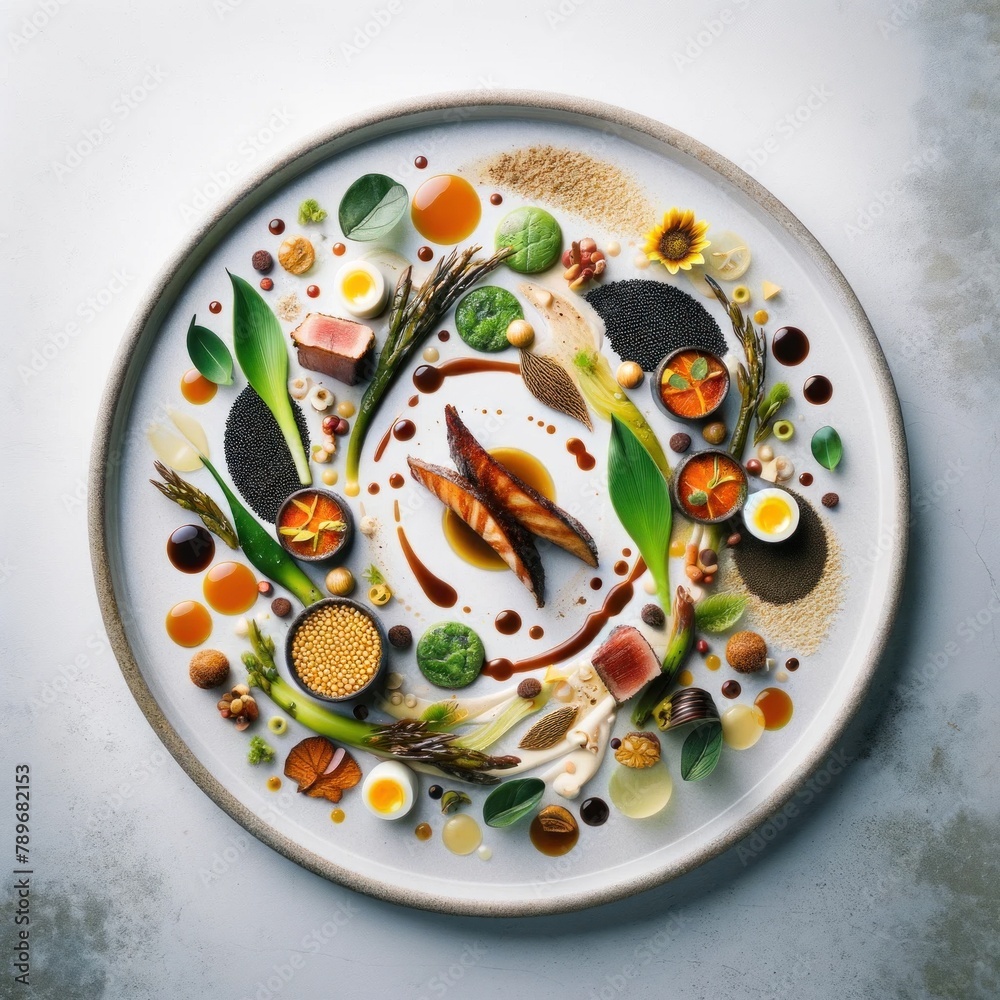An artistic composition of culinary elements gracefully arranged on a plate, depicting a symphony of flavors and textures that celebrate the innovation of modern gastronomy.