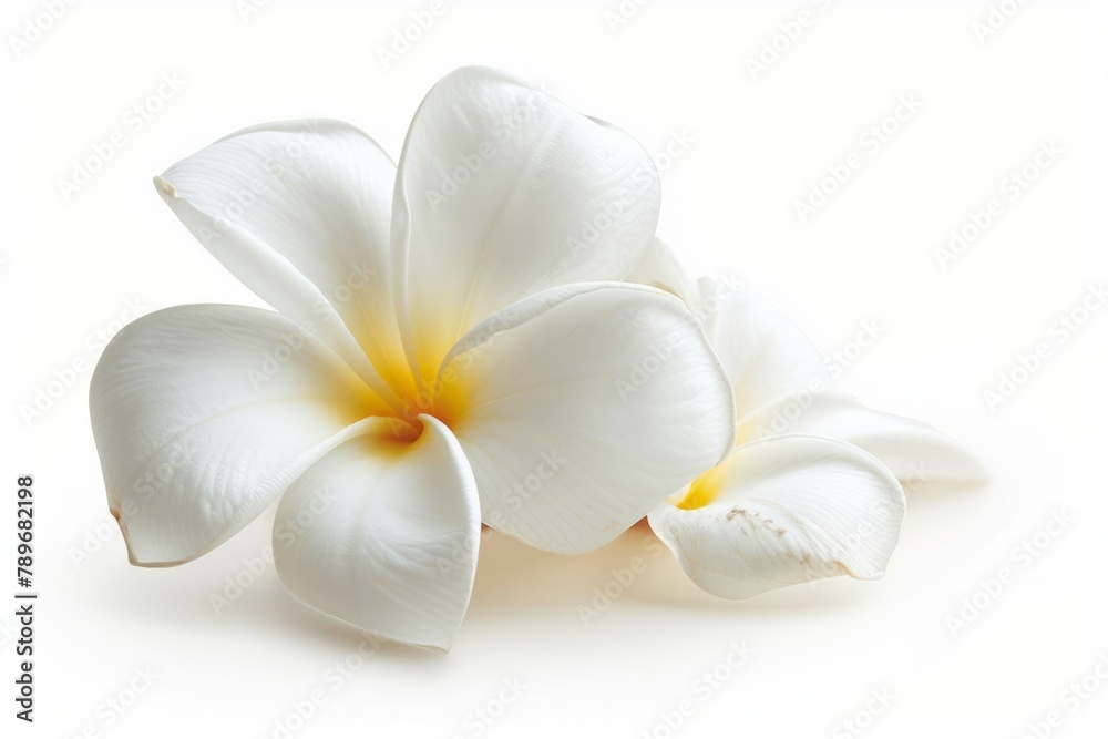 Delicate white frangipani flowers with a subtle yellow center isolated on a white background, embodying tropical elegance and natural beauty. Delicate white frangipani flowers with a subtle yellow center isolated on a white background, embodying tropical elegance and natural beauty.