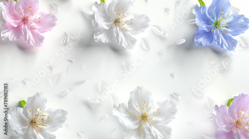 Gentle petals falling among blossoming flowers, creating a serene and pure atmosphere, ideal for spa and wellness center imagery or beauty products.