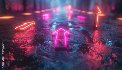 Highconcept CGI image of neon arrows pointing in multiple directions against a dark, moody background, symbolizing decision points and future pathways