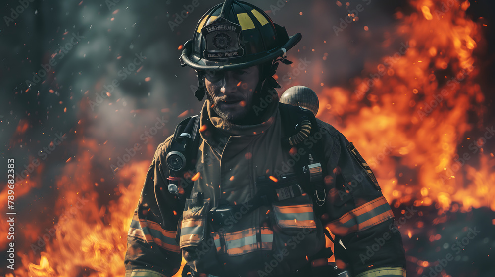  handsome firefighter in full gear, standing heroically amidst the chaos of an erupting fire with vibrant flames and smoke filling his environment