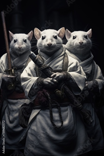 A group of mice dressed in robes and holding swords
