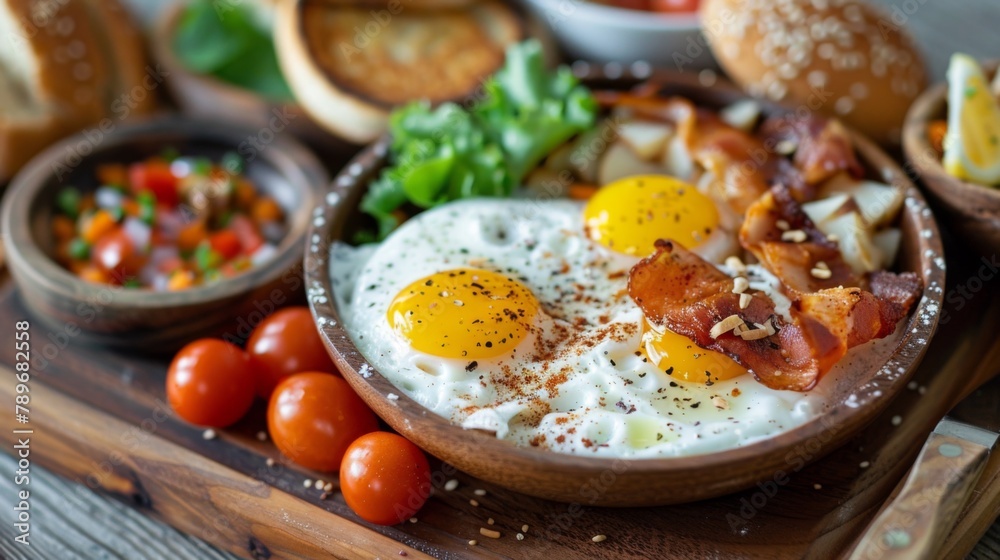 A wooden cutting board topped with a bowl of eggs, tomatoes and bacon, AI