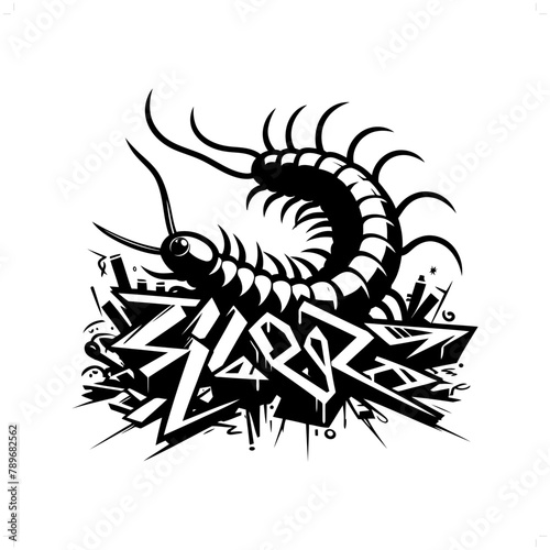 centipede silhouette, animal graffiti tag, hip hop, street art typography illustration.