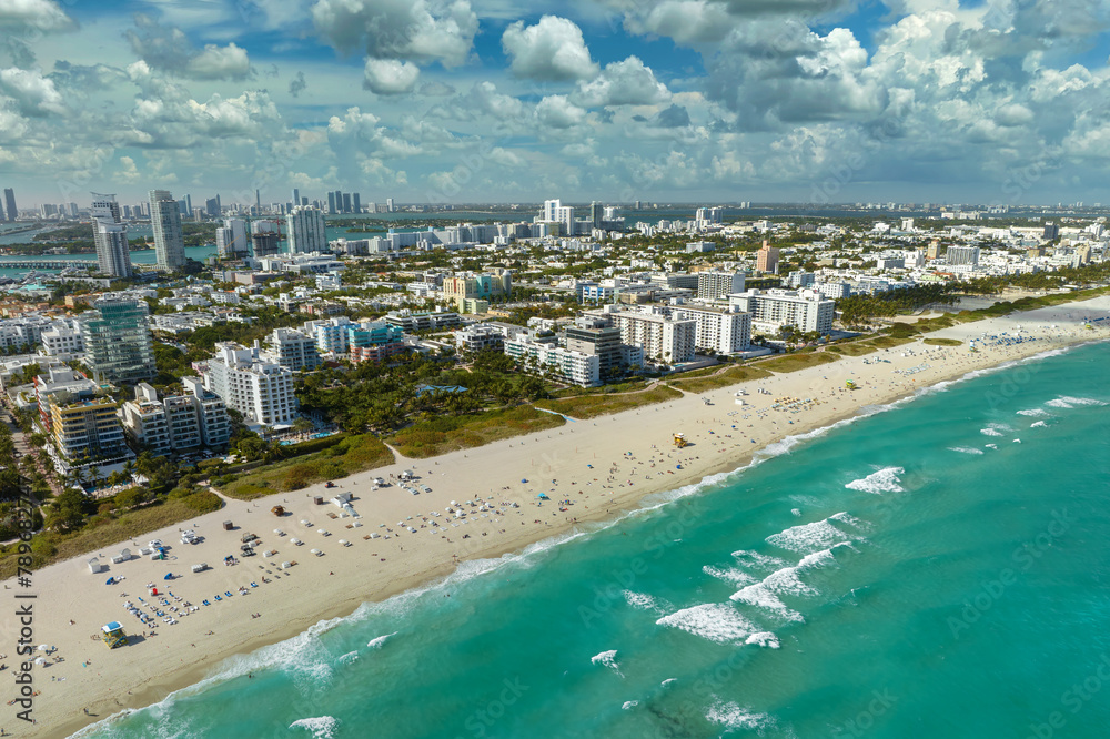Panoramic view of Miami Beach urban landscape. South Beach high luxurious hotels and apartment buildings