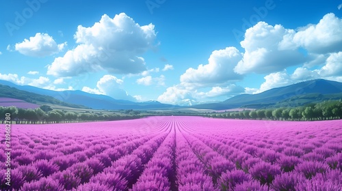 Purple flowers field with distant mountains under a cloudy sky
