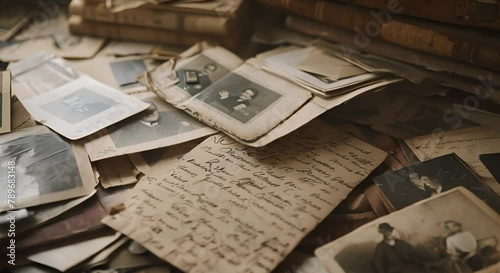 Unfolding Memories  Senior Individual Recalling Past Memories Through Old Letters and Photographs, Portraying the Struggle with Personal History
 photo