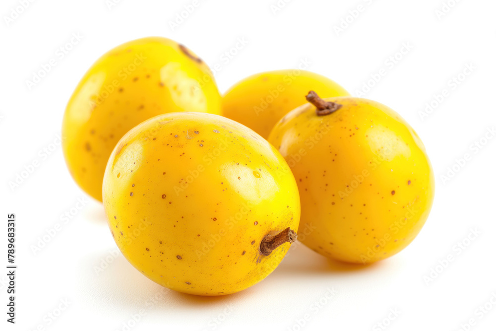 A stock image showing a marula fruit, isolated on a white background. This exotic African fruit is known for its nutritious value and is often used in food and skincare products.