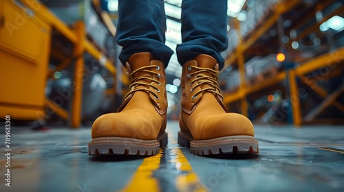 Sturdy Safety Boots in Factory Setting. Concept Safety Gear  Factory Work  Foot Protection  Workplace Safety