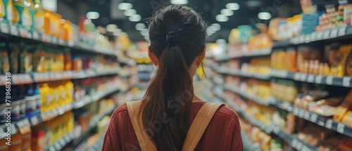 Editorial photo of a woman comparing nutrition labels on products in a supermarket aisle, focused on making an informed, healthconscious decision photo