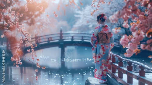 A woman in a kimono stands on a bridge over a river