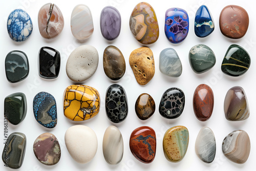 A collection of colorful rocks are arranged in a row photo