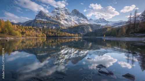 Mountain reflected in lake with trees, creating stunning natural landscape