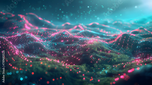 Abstract landscape with radiant pink and teal light routes on a green terrain. Cybersecurity. robotic process automation concept. Glowing digital tendrils floating in the sky
