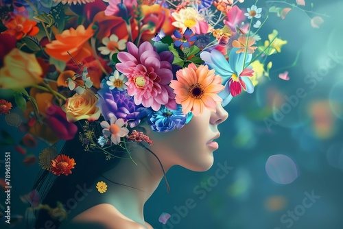 positive mindset concept woman with colorful floral brain mental wellbeing and growth digital art