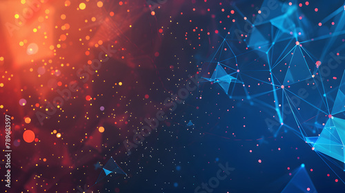 Abstract polygonal background with low poly tech and digital connections in blue. orange and red colors. Abstract technology wallpaper