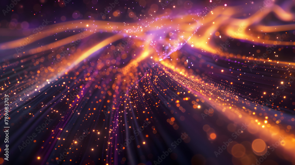 Abstract scenery with shimmering purple and orange light trails on a grey surface. Blockchain. deep learning idea. Glowing quantum strings hovering in the void. Bright background with starlight. 