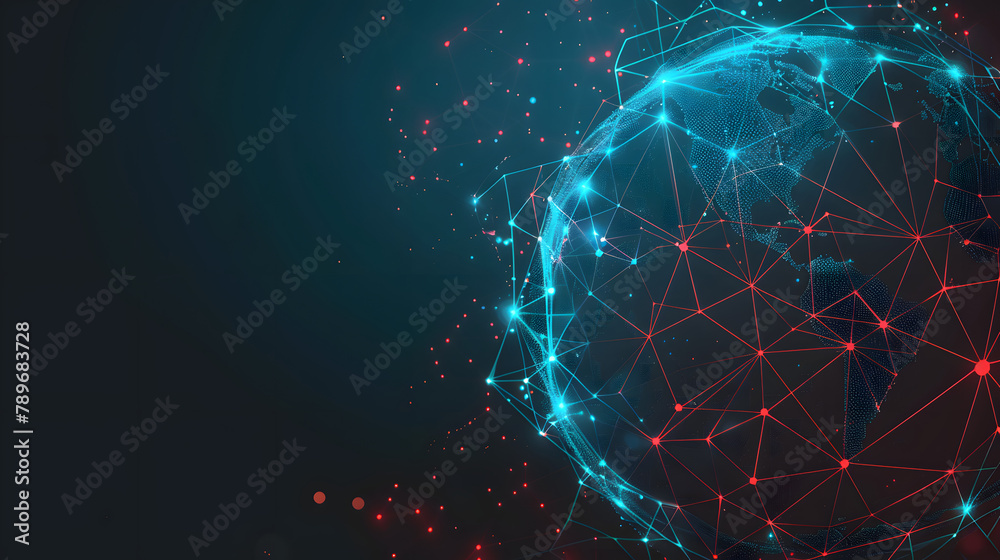 Abstract spherical pattern with low poly tech and digital connections in red. green