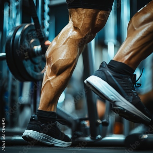A close up of a man's muscular calves during a workout. photo