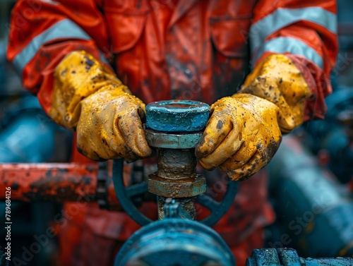 A worker wearing yellow gloves operates a blue and red valve.