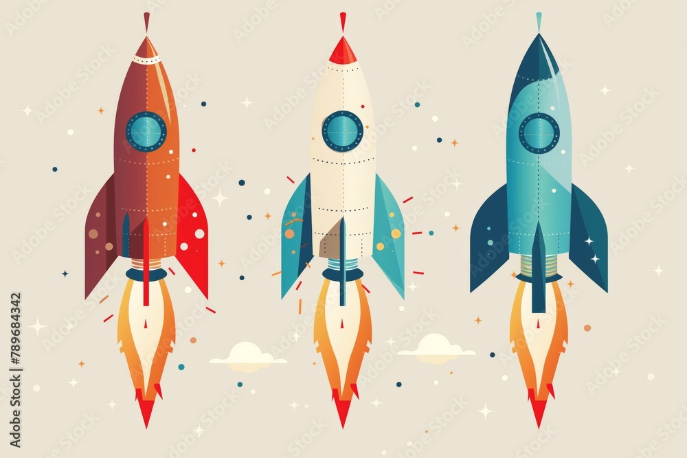 A vibrant set of three minimalist styled rocket illustrations, symbolizing progress and innovation A vibrant set of three minimalist styled rocket illustrations, symbolizing progress and innovation