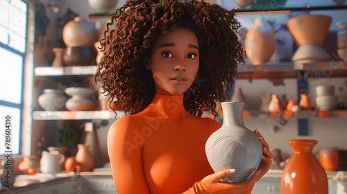 An AI potter shaping a ceramic vase. in a futuristic pottery studio photo