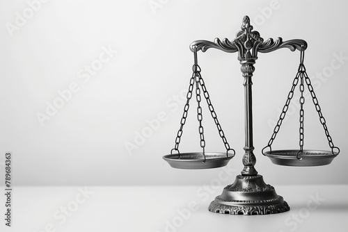 Balanced set of scales, symbolizing legal fairness and jurisprudence, isolated on a clean white backdrop