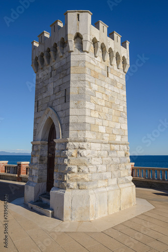 Piombino lighthouse, also known as the Rocchetta lighthouse, a maritime lighthouse on the Piombino canal located in Piazza Bovio, Piombino, Tuscany, Italy