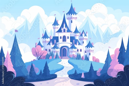 Minimalist illustration of a majestic castle amid a whimsical pastel landscape, ideal for luxury real estate themes