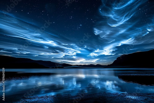 : A night sky filled with stars peeking through wispy noctilucent clouds. © crescent