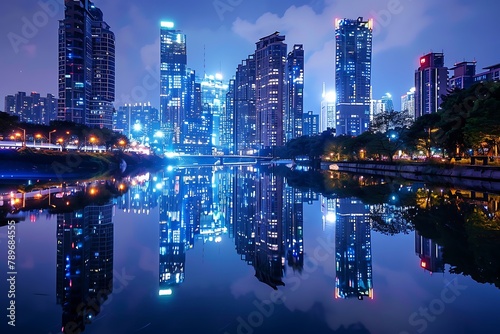   A night-time scene of a cityscape reflected in a river.