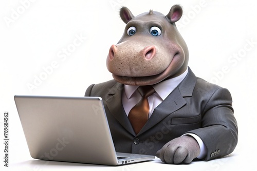 Business concept. Hyper-realistic animal character Begimot, adult, in a business suit, working at a laptop. Allegory concept in business. Generation of AI photo