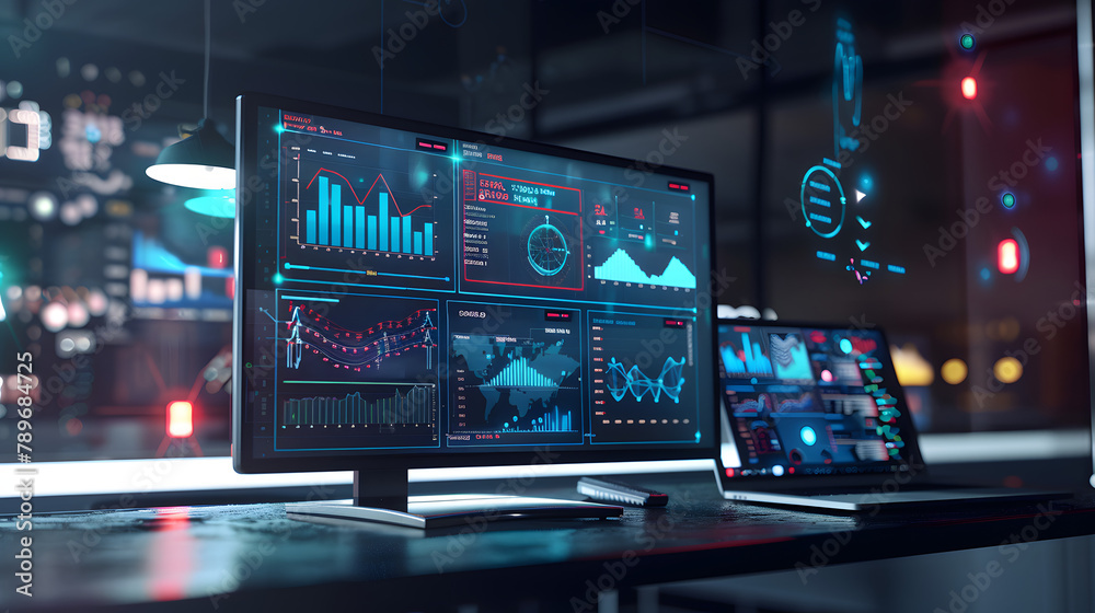 An electronic illustration of a high-tech monitor presenting instantaneous metrics and analysis. with virtual diagrams suspended above the display An electronic illustration of a high-tech monitor presenting instantaneous metrics and analysis. with virtual diagrams suspended above the display