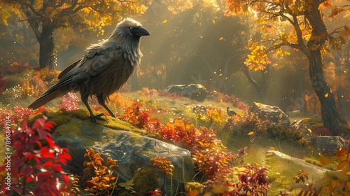 Accipitridae bird perched on rock in forest, creating natural landscape art photo