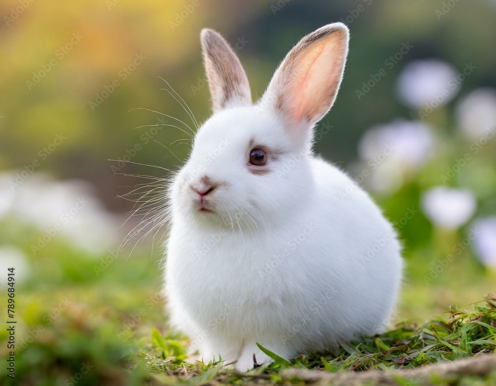 Cute baby rabbit all white sitting in the meadow Cute baby rabbit all white sitting in the meadow